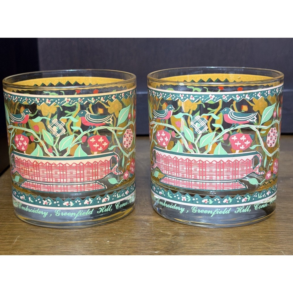 2 George Briard Old Fashion Glasses 10 Oz Appliqué and Embroidery Vintage